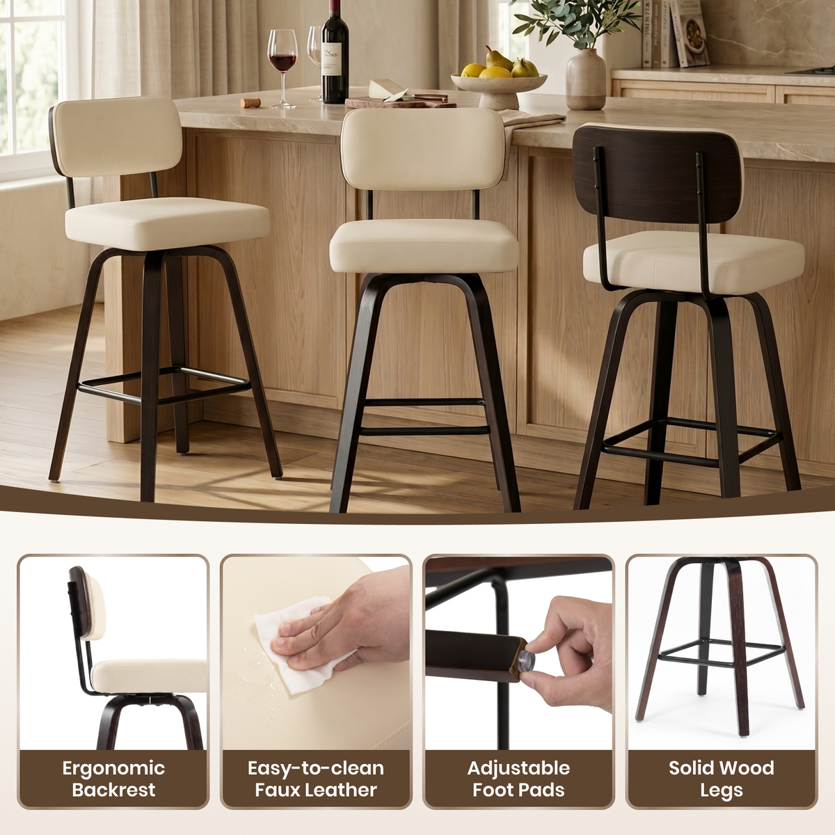 Firmoz Modern PU Swivel Bar Stools with Solid Wood Legs & Ergonomic Backrest