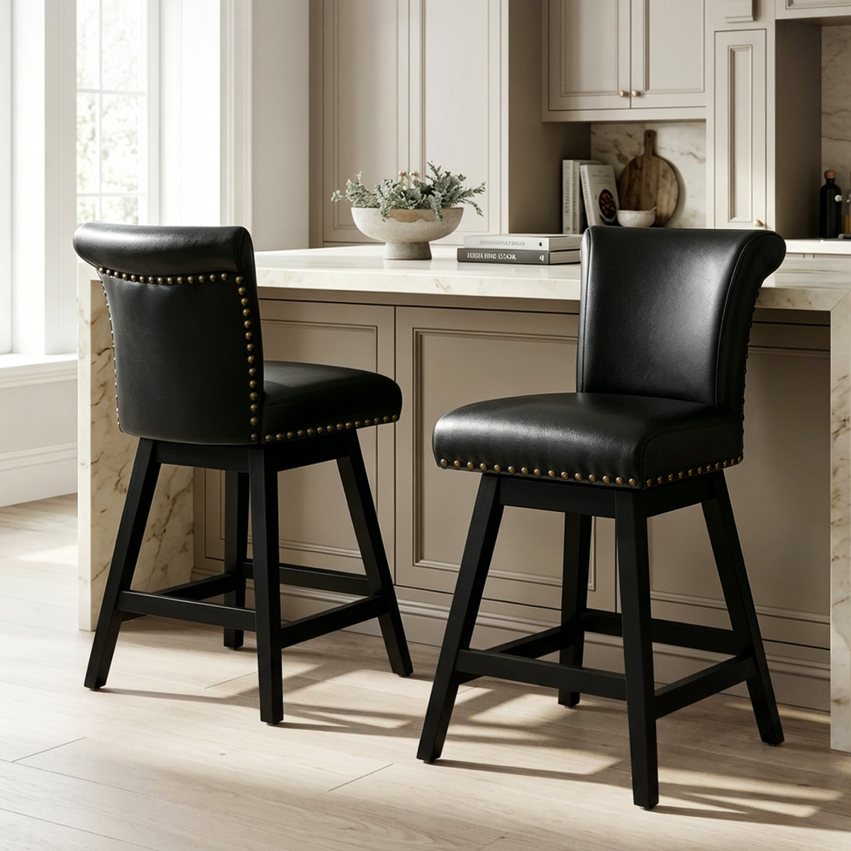 Firmoz Industrial Vintage Wingback Swivel Bar Stools with Nailhead Trim & Solid Wood Legs