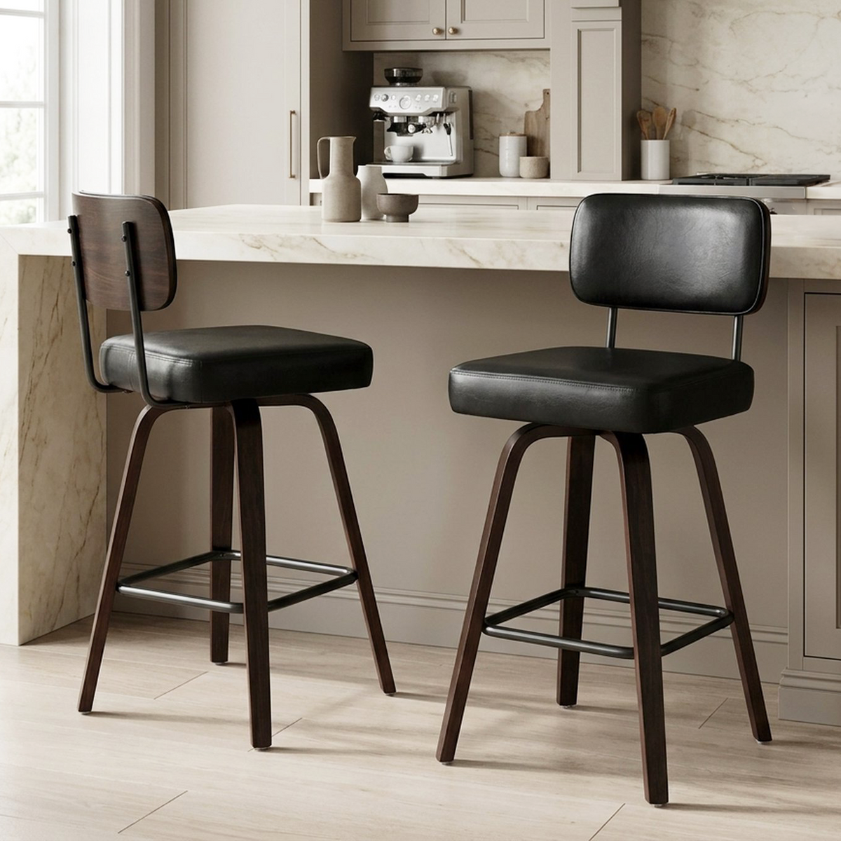 Firmoz Modern PU Swivel Bar Stools with Solid Wood Legs & Ergonomic Backrest