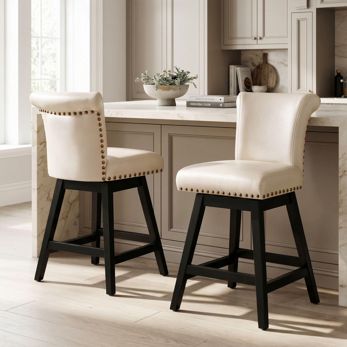 Firmoz Industrial Vintage Wingback Swivel Bar Stools with Nailhead Trim & Solid Wood Legs