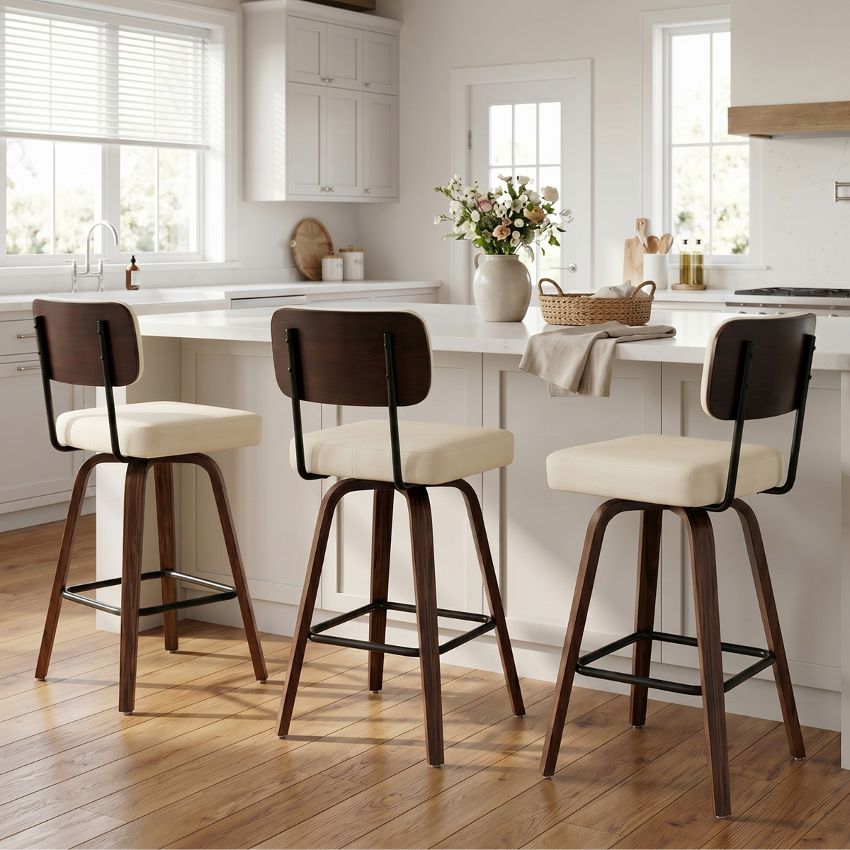 Firmoz Modern PU Swivel Bar Stools with Solid Wood Legs & Ergonomic Backrest