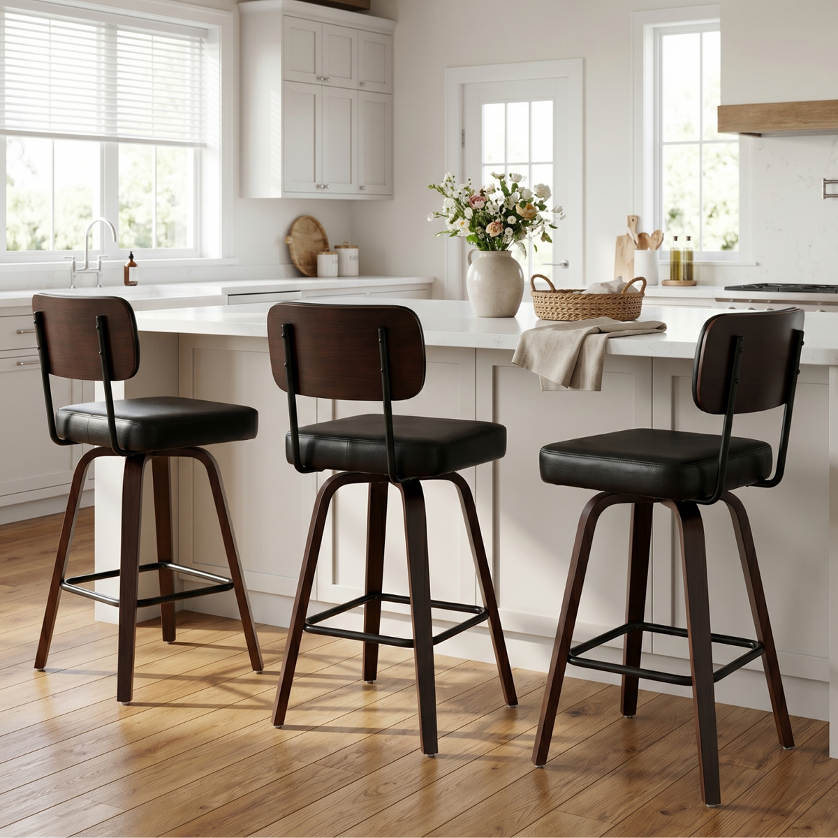 Firmoz Modern PU Swivel Bar Stools with Solid Wood Legs & Ergonomic Backrest