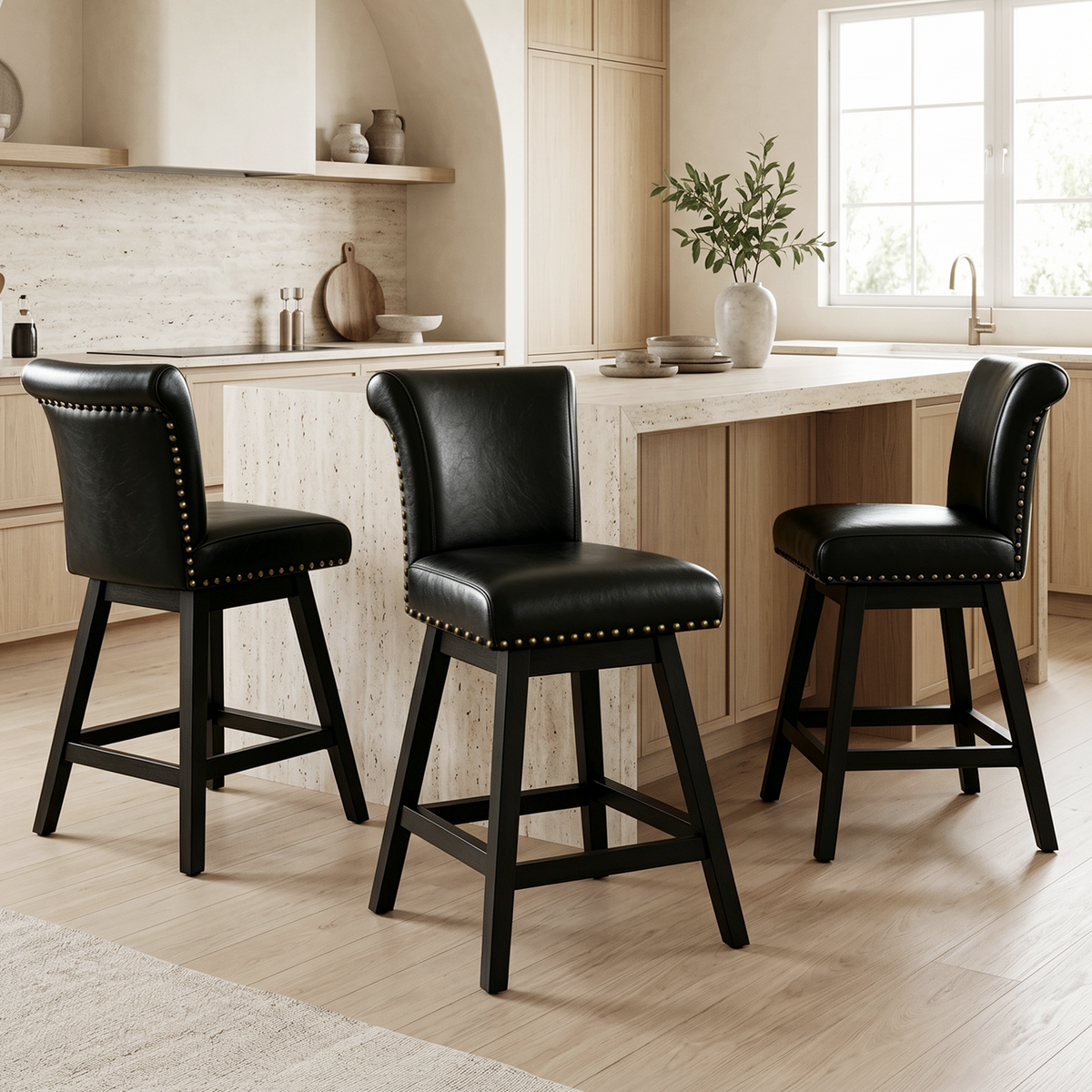 Firmoz Industrial Vintage Wingback Swivel Bar Stools with Nailhead Trim & Solid Wood Legs