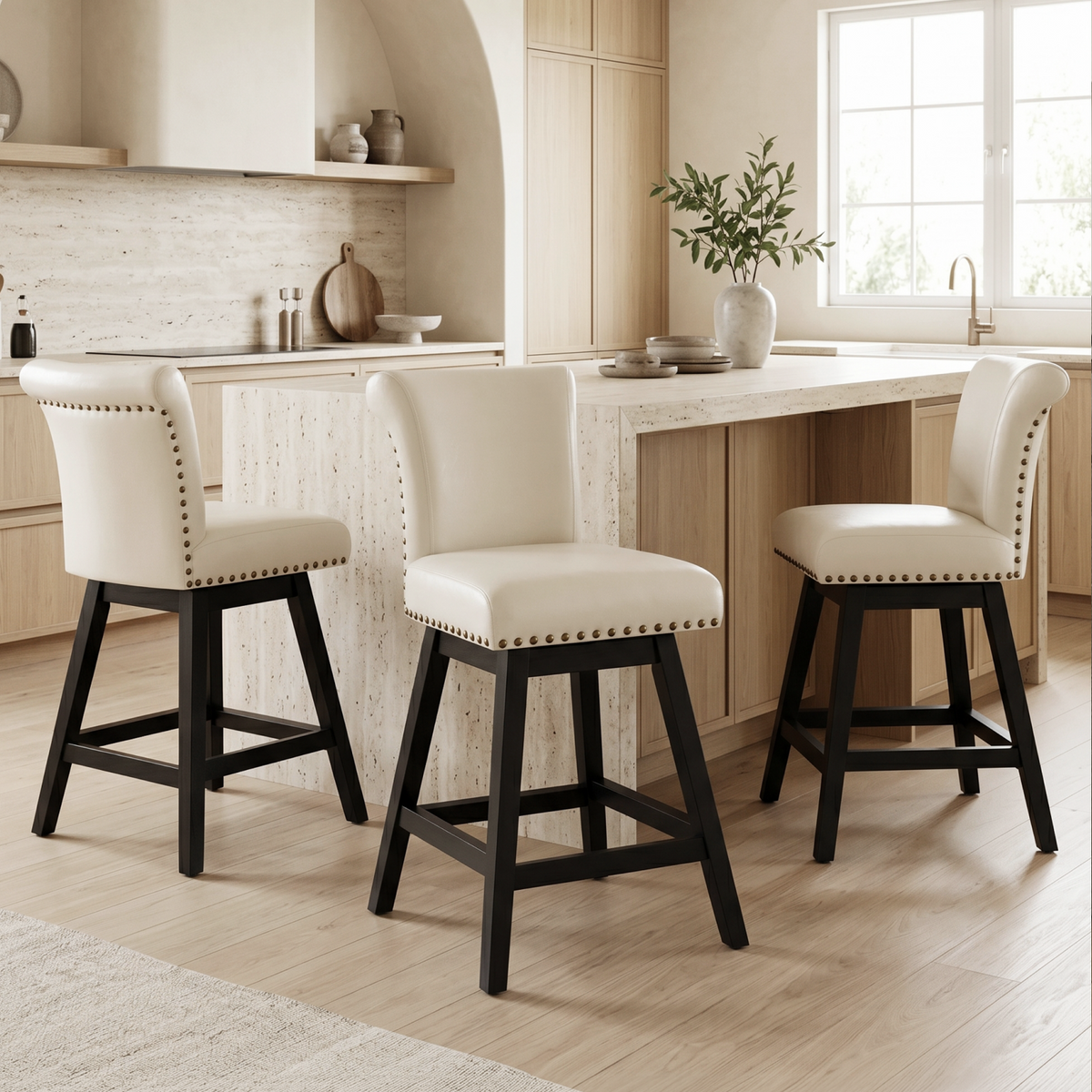 Firmoz Industrial Vintage Wingback Swivel Bar Stools with Nailhead Trim & Solid Wood Legs