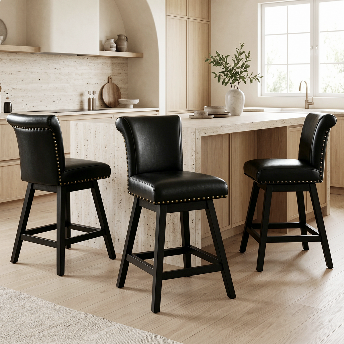 Firmoz Industrial Vintage Wingback Swivel Bar Stools with Nailhead Trim & Solid Wood Legs