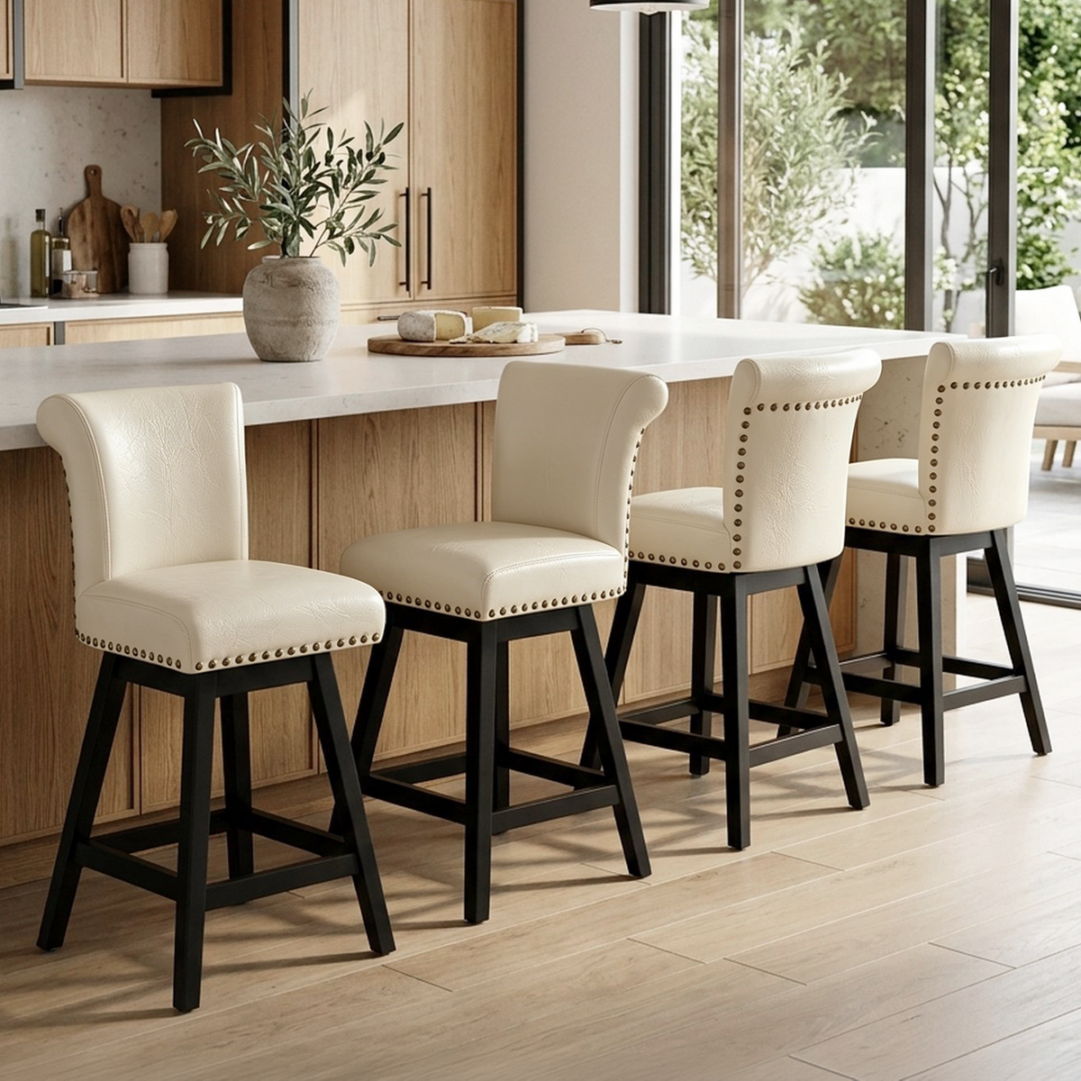 Firmoz Industrial Vintage Wingback Swivel Bar Stools with Nailhead Trim & Solid Wood Legs