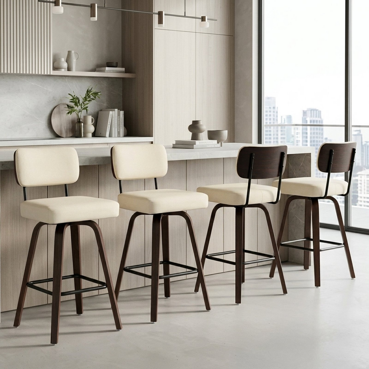 Firmoz Modern PU Swivel Bar Stools with Solid Wood Legs & Ergonomic Backrest