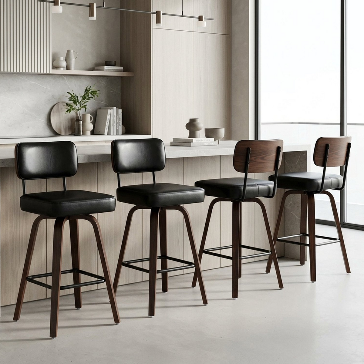 Firmoz Modern PU Swivel Bar Stools with Solid Wood Legs & Ergonomic Backrest