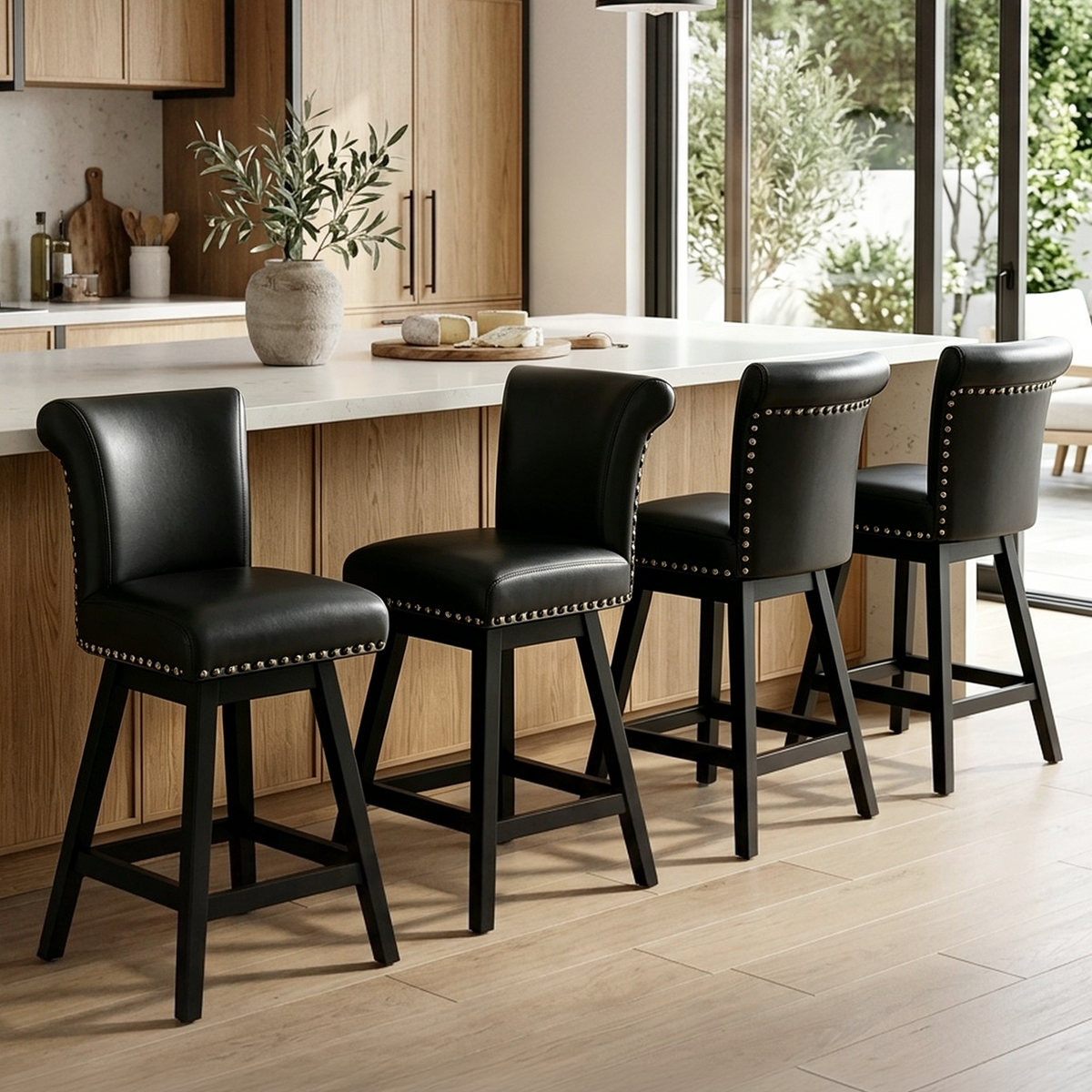Firmoz Industrial Vintage Wingback Swivel Bar Stools with Nailhead Trim & Solid Wood Legs
