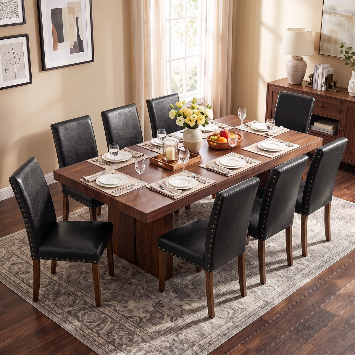 Firmoz Modern High-Back PU Leather Dining Chairs with Nailhead Trim & Walnut Legs