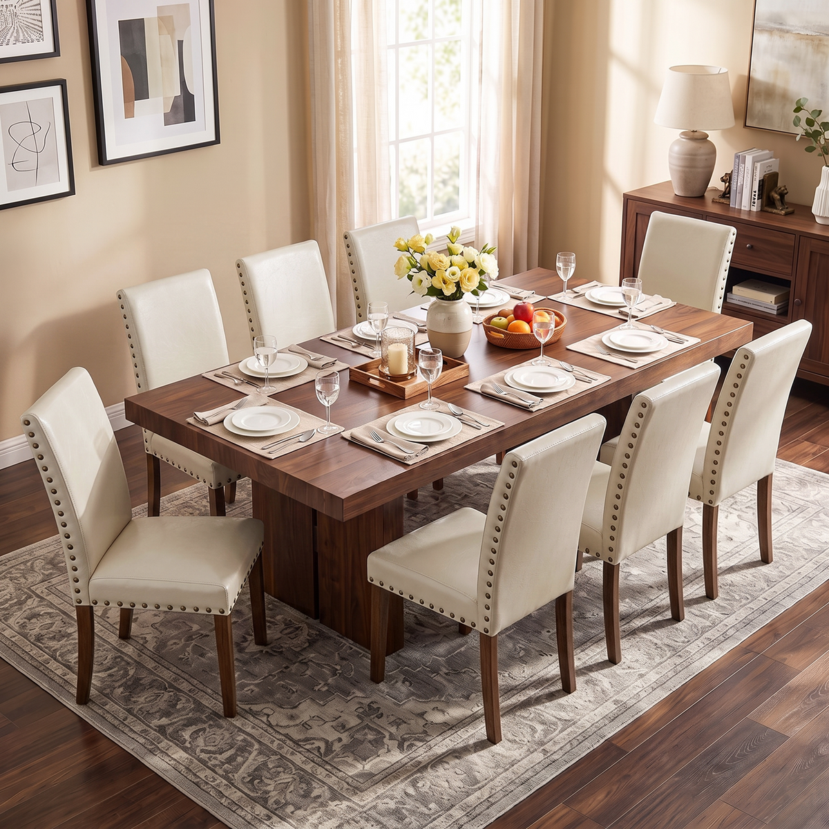 Firmoz Modern High-Back PU Leather Dining Chairs with Nailhead Trim & Walnut Legs
