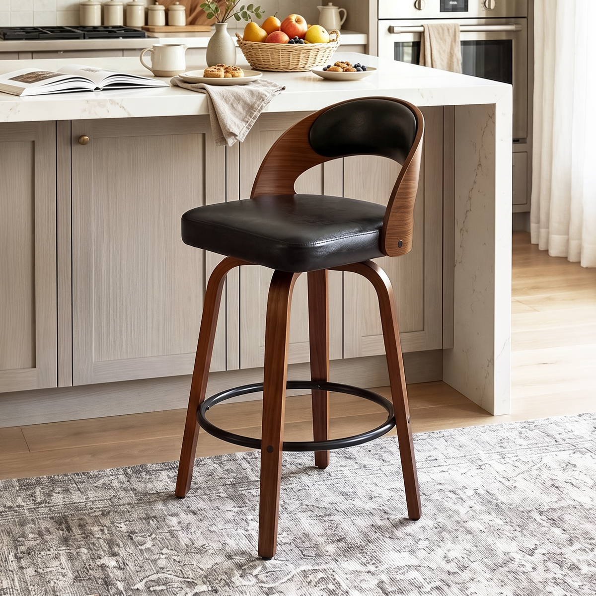 Firmoz Mid-Century Swivel Bar Stools Oiled Leather and Chenille