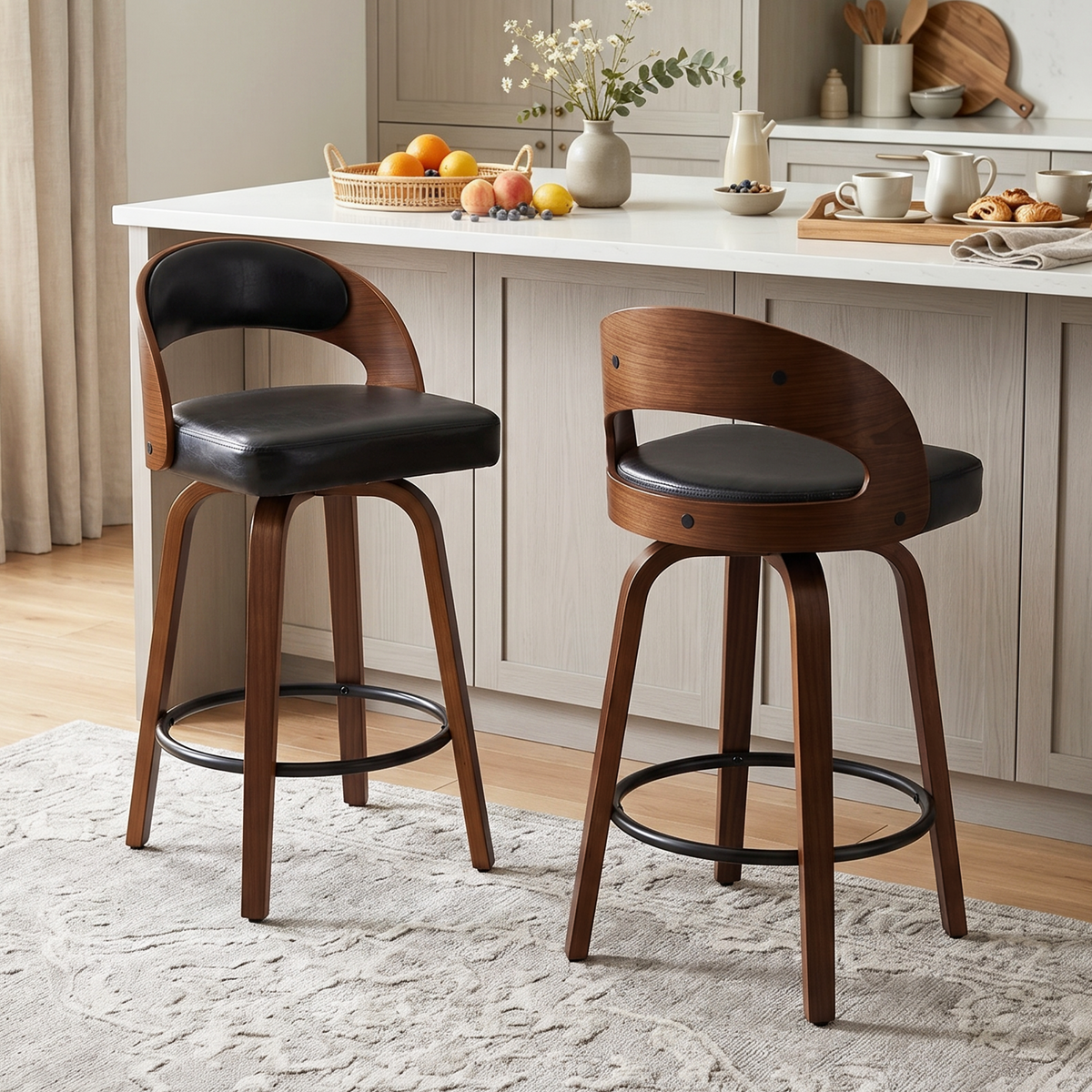 Firmoz Mid-Century Swivel Bar Stools Oiled Leather and Chenille