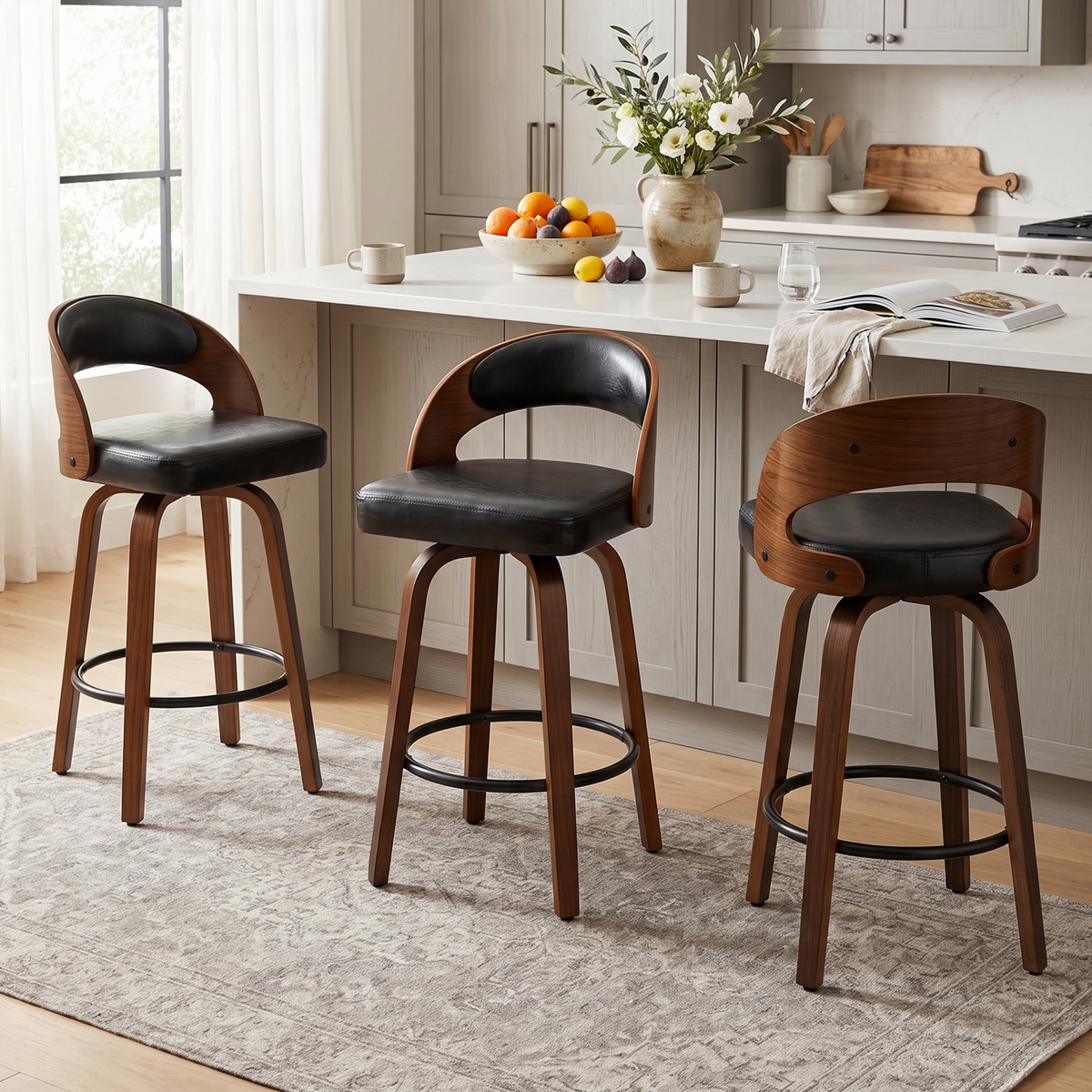 Firmoz Mid-Century Swivel Bar Stools Oiled Leather and Chenille