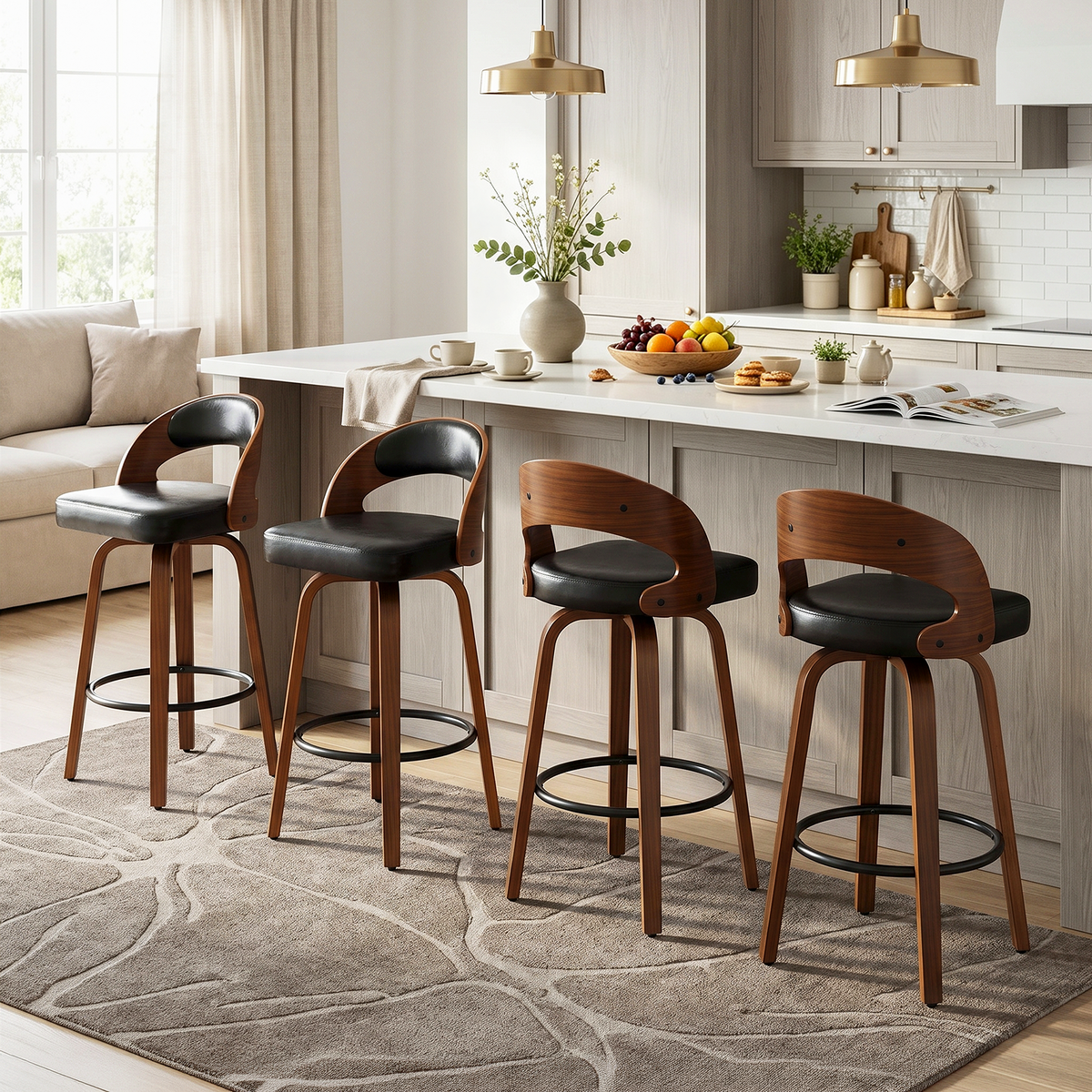 Firmoz Mid-Century Swivel Bar Stools Oiled Leather and Chenille