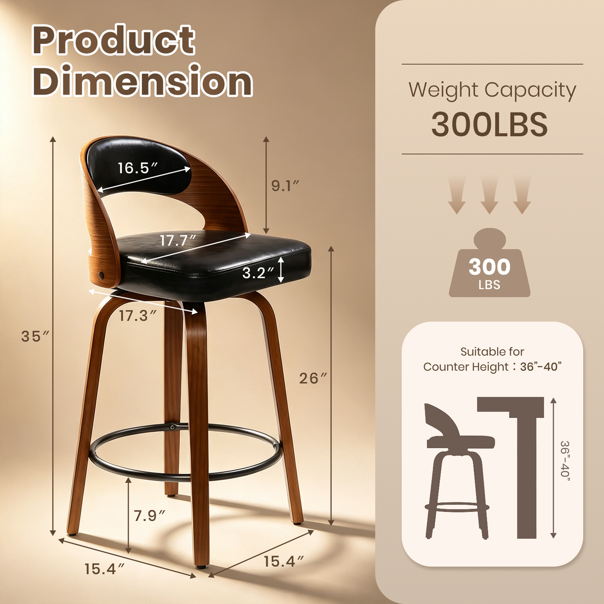 Firmoz Mid-Century Swivel Bar Stools Oiled Leather and Chenille