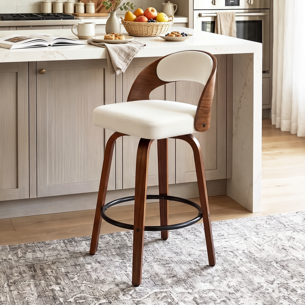 Firmoz Mid-Century Swivel Bar Stools Oiled Leather and Chenille