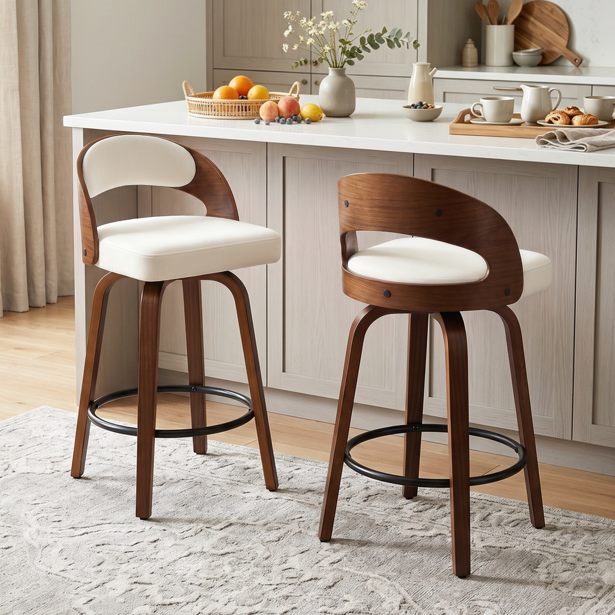 Firmoz Mid-Century Swivel Bar Stools Oiled Leather and Chenille