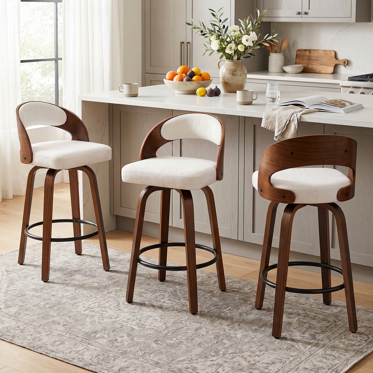 Firmoz Mid-Century Swivel Bar Stools Oiled Leather and Chenille