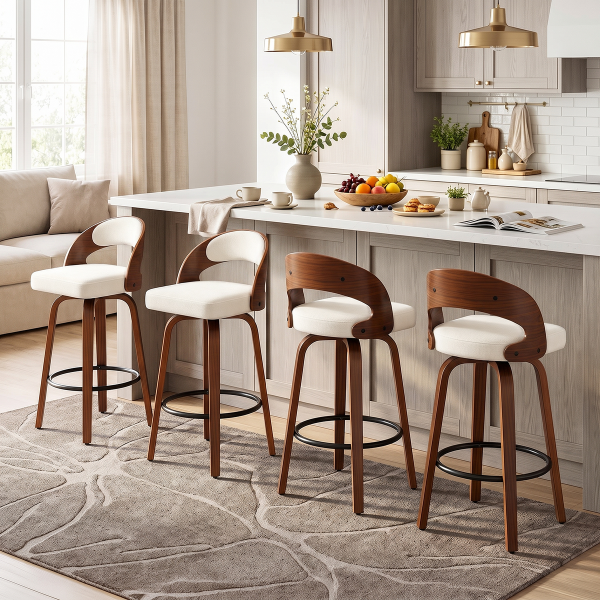 Firmoz Mid-Century Swivel Bar Stools Oiled Leather and Chenille
