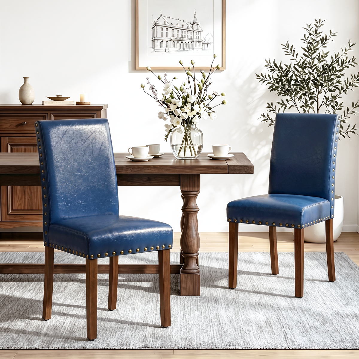 Firmoz Modern High-Back PU Leather Dining Chairs with Nailhead Trim & Walnut Legs