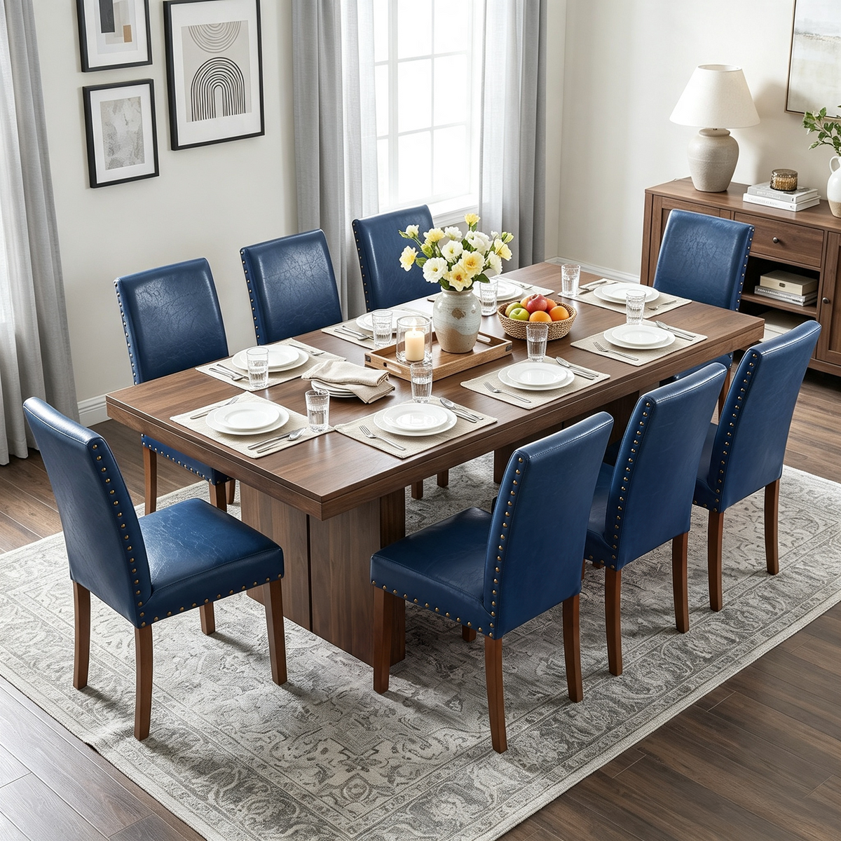 Firmoz Modern High-Back PU Leather Dining Chairs with Nailhead Trim & Walnut Legs