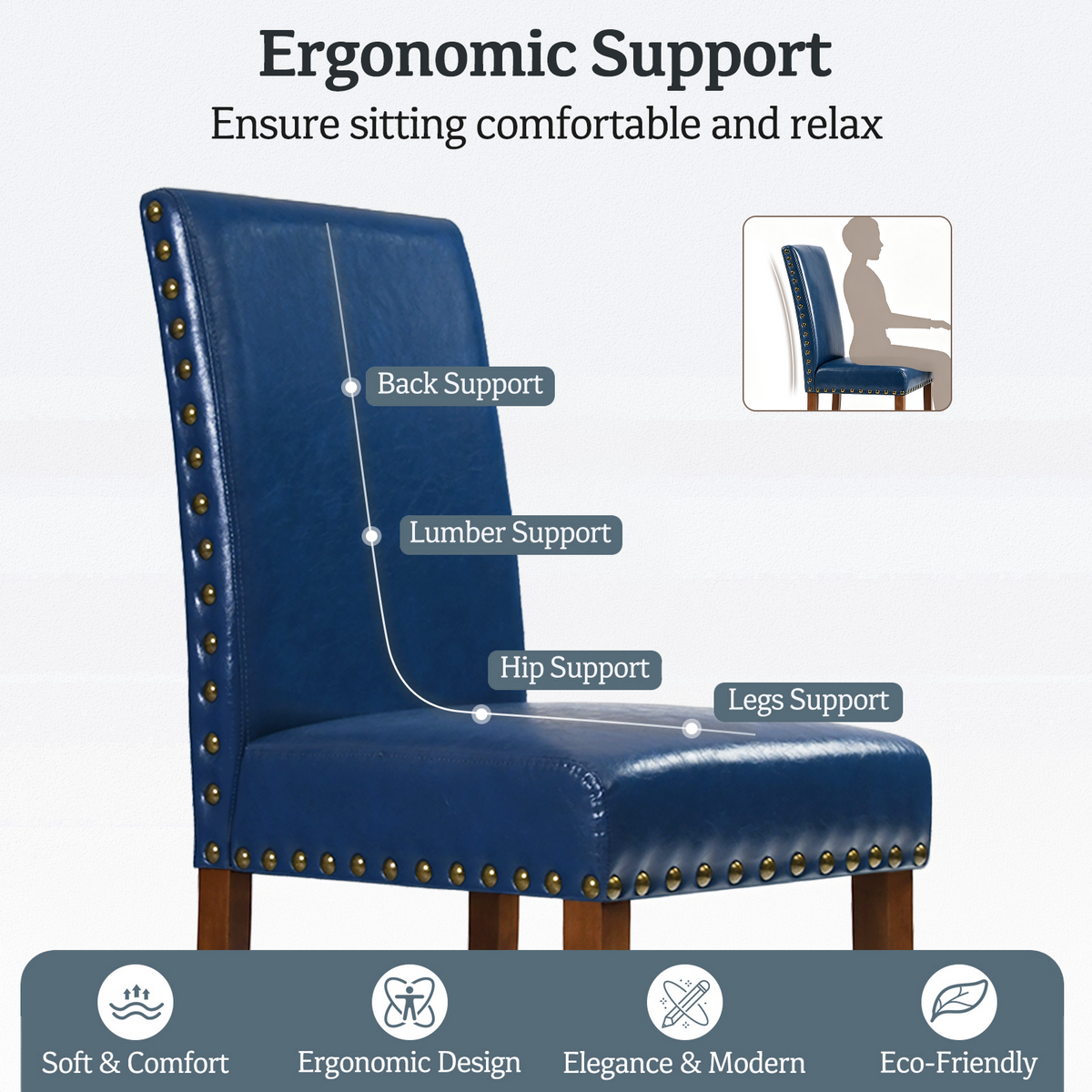 Firmoz Modern High-Back PU Leather Dining Chairs with Nailhead Trim & Walnut Legs