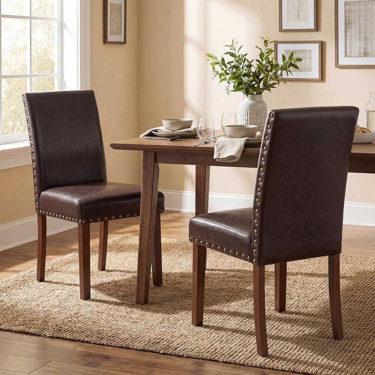 Firmoz Modern High-Back PU Leather Dining Chairs with Nailhead Trim & Walnut Legs