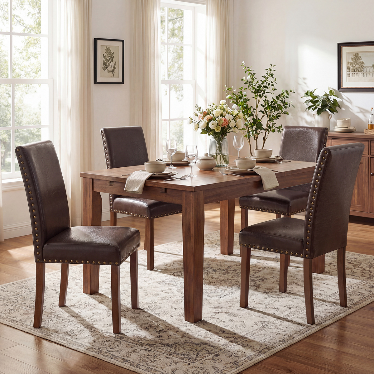 Firmoz Modern High-Back PU Leather Dining Chairs with Nailhead Trim & Walnut Legs