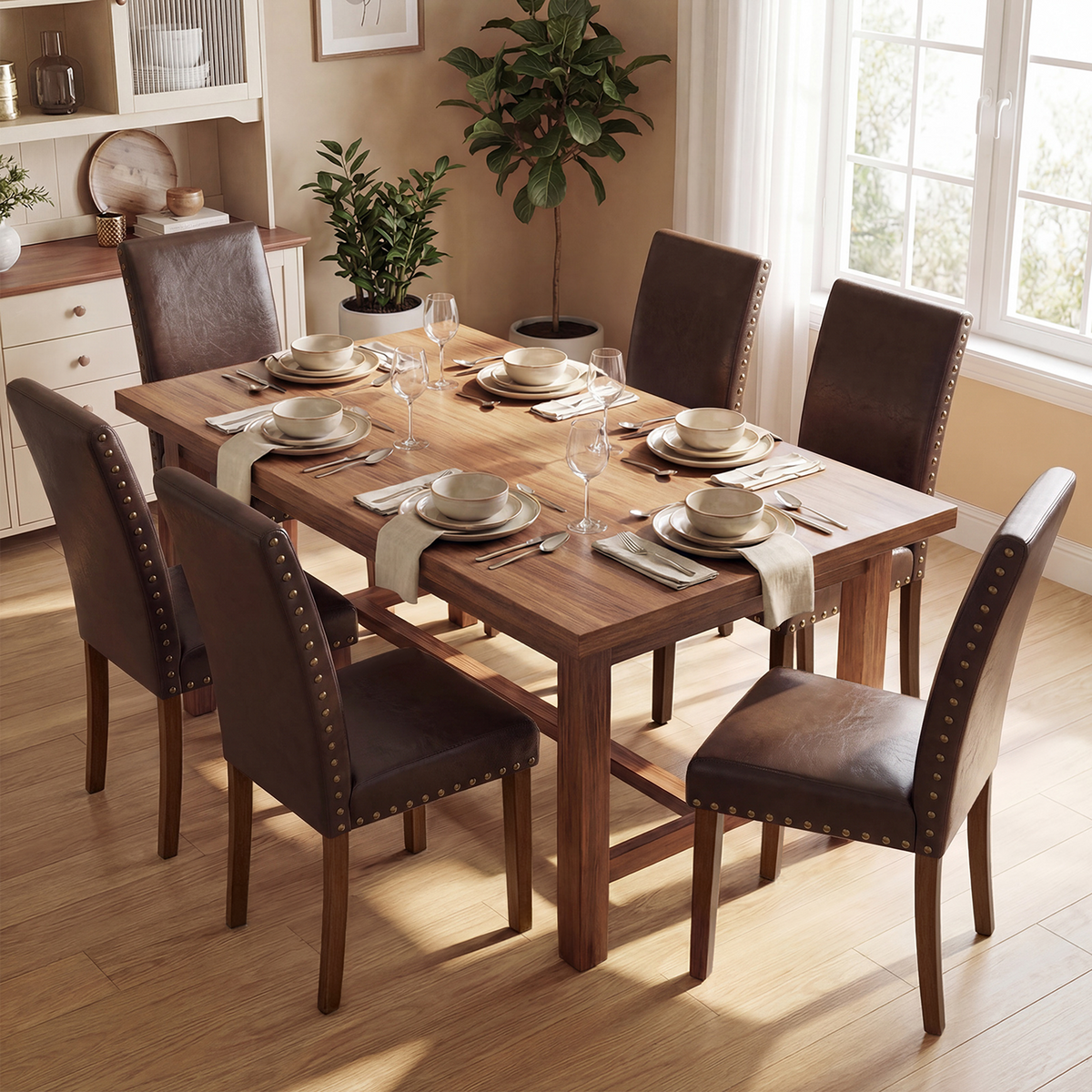 Firmoz Modern High-Back PU Leather Dining Chairs with Nailhead Trim & Walnut Legs