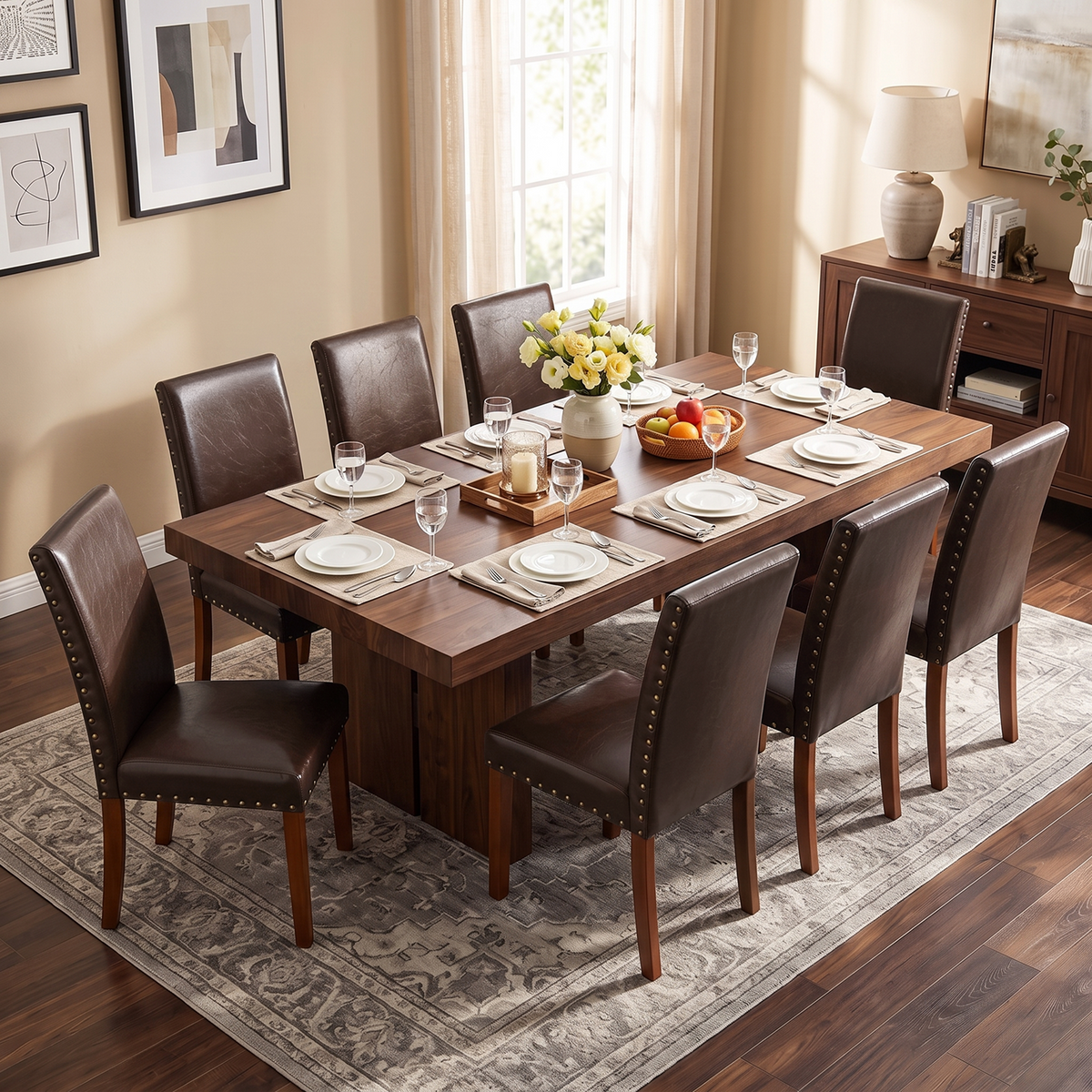 Firmoz Modern High-Back PU Leather Dining Chairs with Nailhead Trim & Walnut Legs