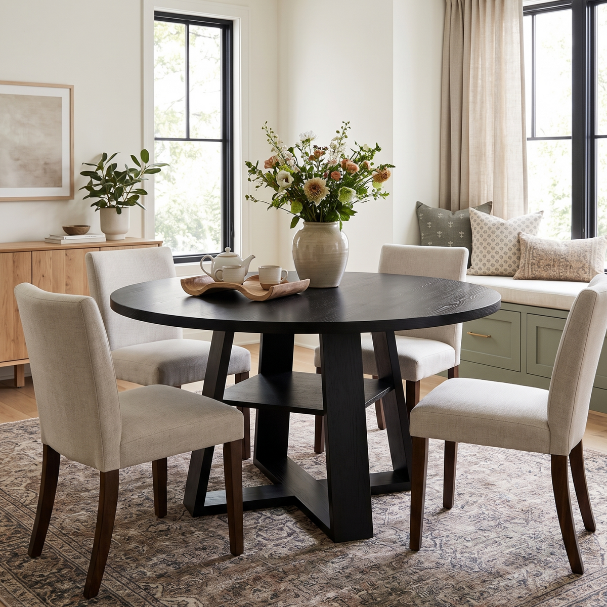 Firmoz Round Dining Table with Lower Storage Shelf & Solid Wood Cross X-Shaped Base