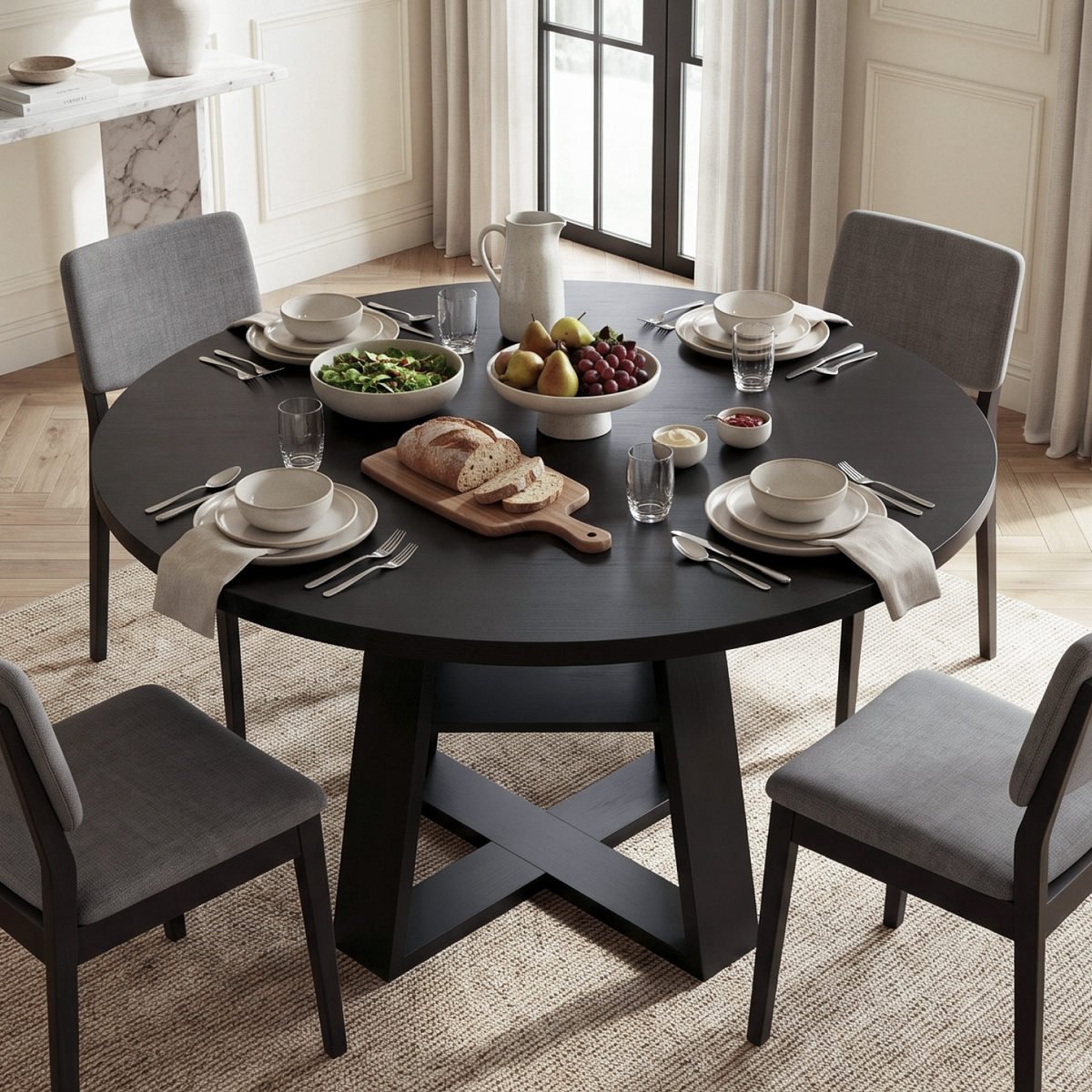 Firmoz Round Dining Table with Lower Storage Shelf & Solid Wood Cross X-Shaped Base