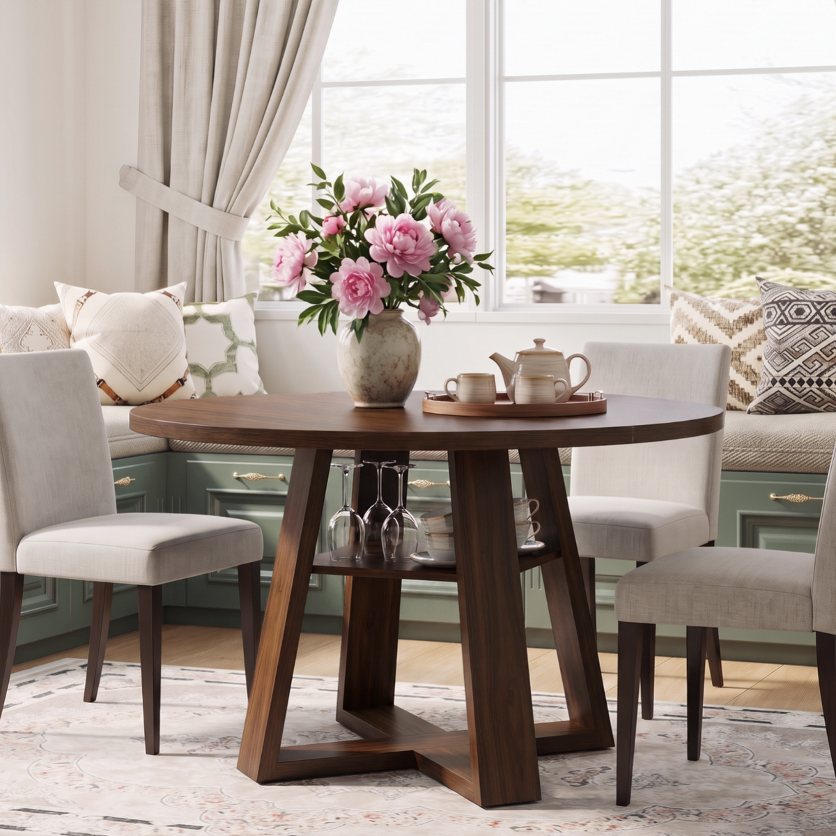 Firmoz Round Dining Table with Lower Storage Shelf & Solid Wood Cross X-Shaped Base