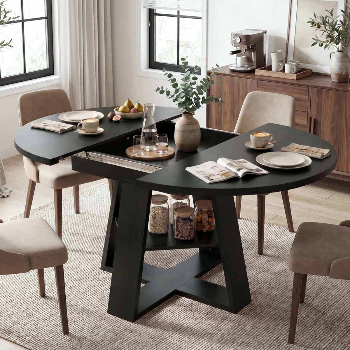 Firmoz Convertible Round to Oval Dining Table with Storage Shelf