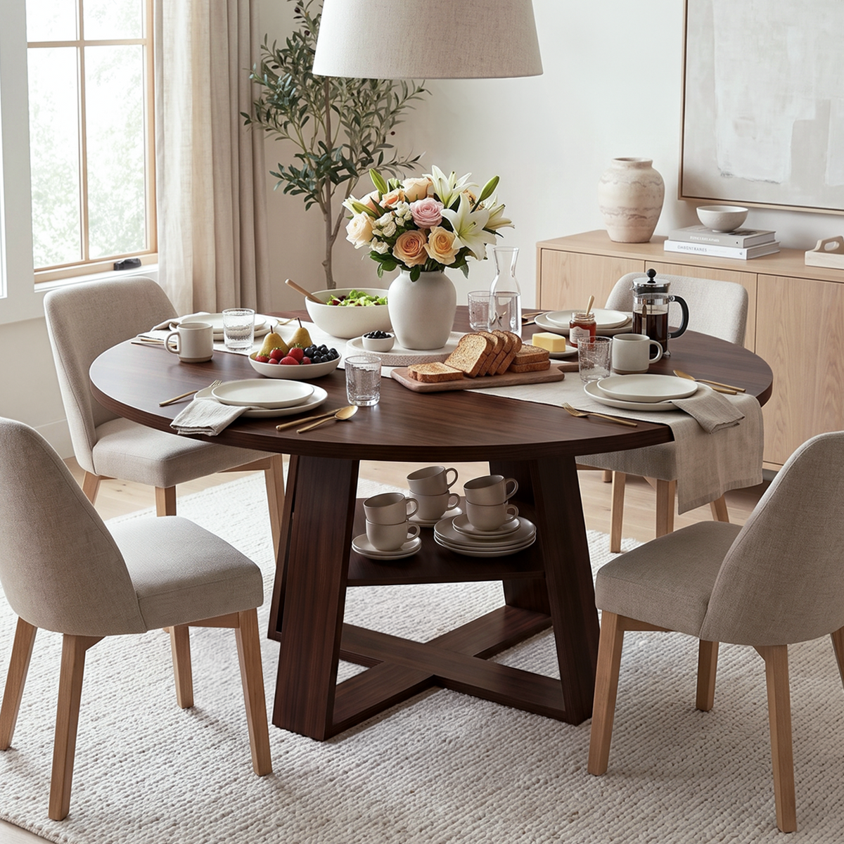 Firmoz Convertible Round to Oval Dining Table with Storage Shelf