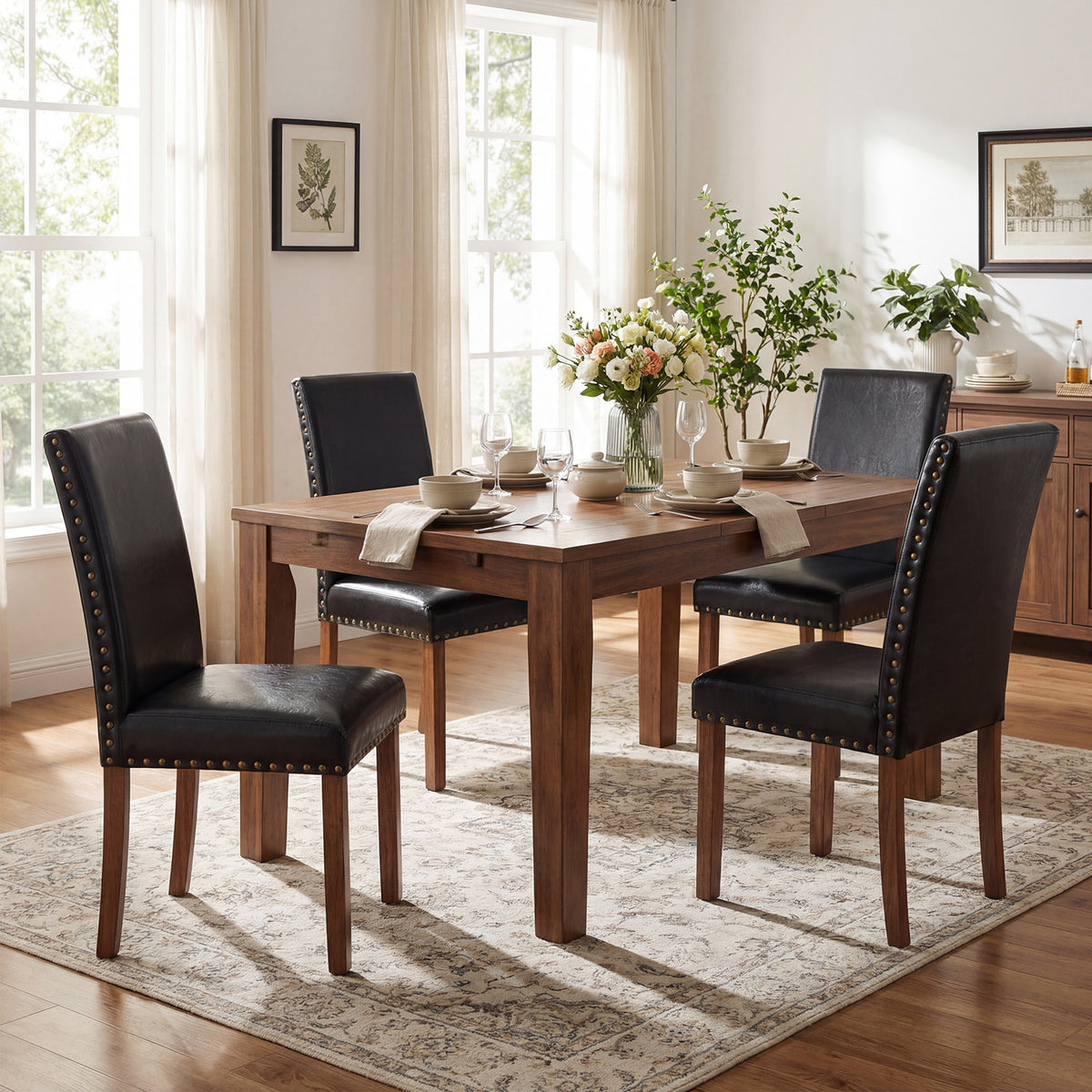 Firmoz Modern High-Back PU Leather Dining Chairs with Nailhead Trim & Walnut Legs