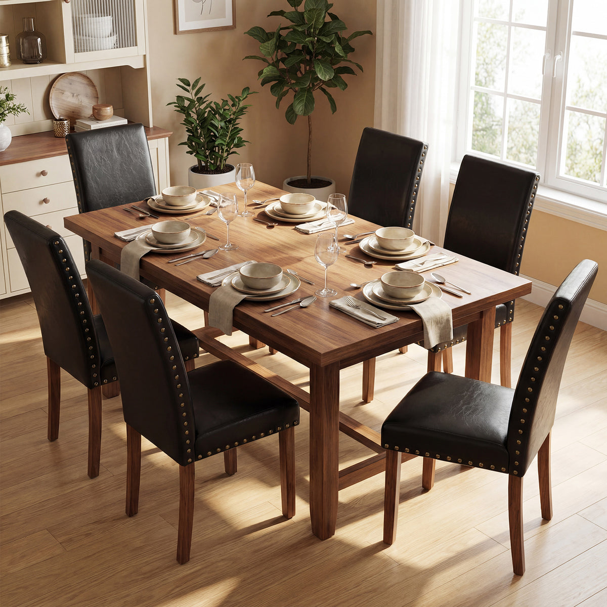 Firmoz Modern High-Back PU Leather Dining Chairs with Nailhead Trim & Walnut Legs