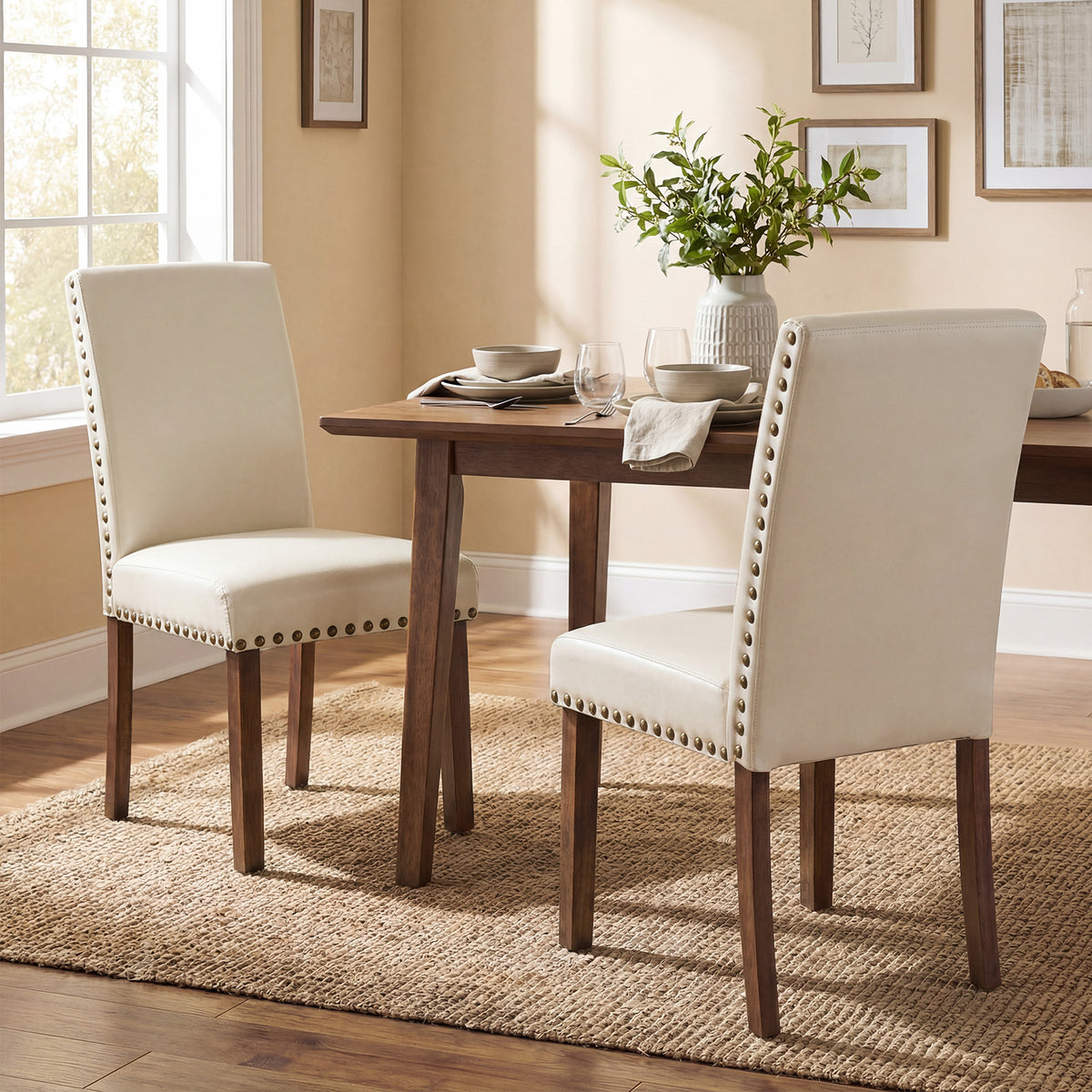 Firmoz Modern High-Back PU Leather Dining Chairs with Nailhead Trim & Walnut Legs