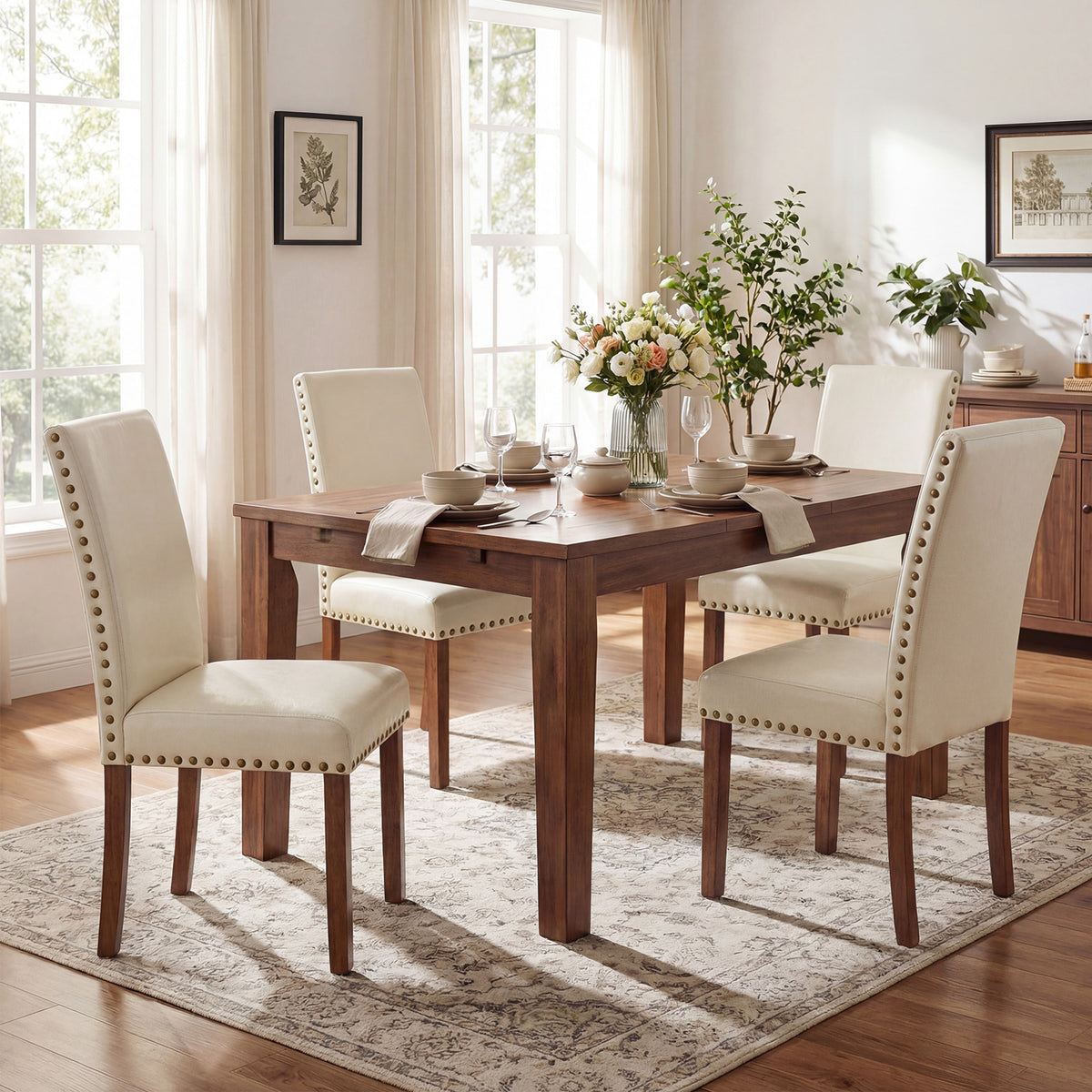 Firmoz Modern High-Back PU Leather Dining Chairs with Nailhead Trim & Walnut Legs
