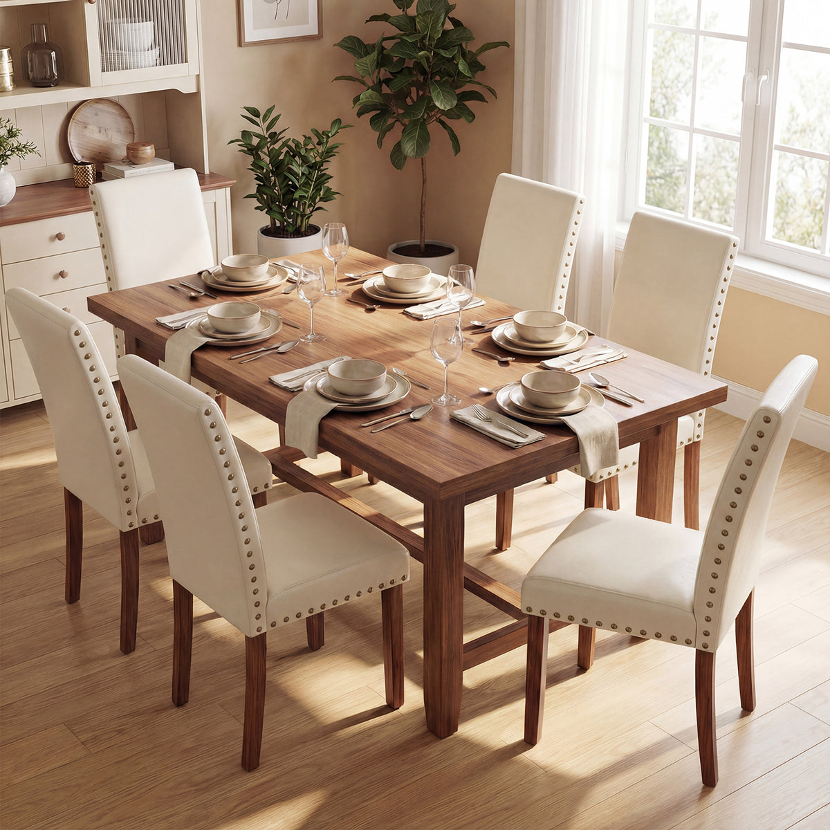 Firmoz Modern High-Back PU Leather Dining Chairs with Nailhead Trim & Walnut Legs
