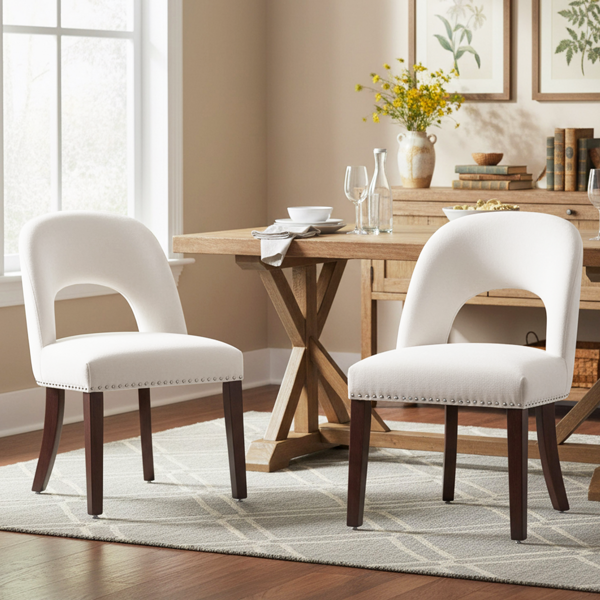 Firmoz Farmhouse Hollow Back Dining Chair with Nailhead Trim