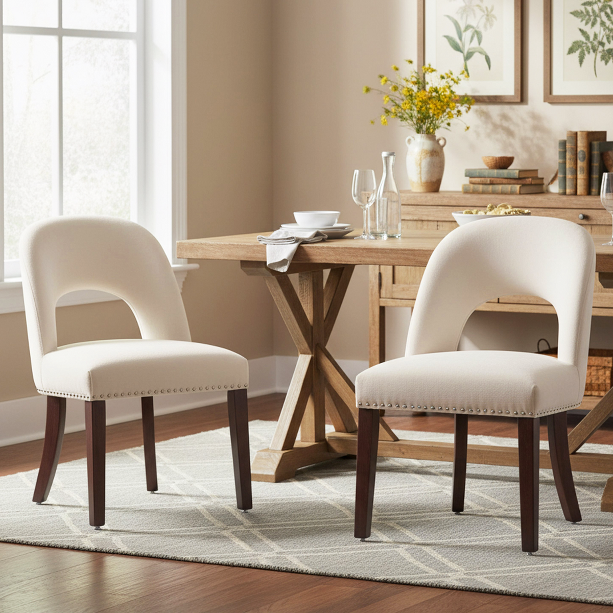 Firmoz Farmhouse Hollow Back Dining Chair with Nailhead Trim